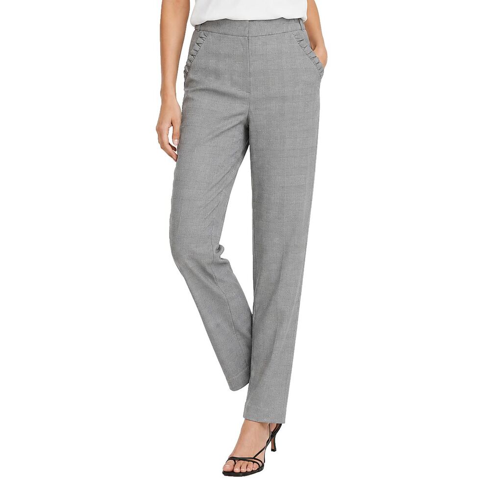 Zara Womens Pants M Gray Plaid Straight Leg Ruffle Waist Stretch Dress Trousers